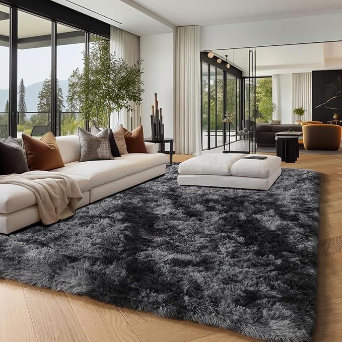 PAGISOFE Abstract Soft Shaggy Rugs for Living Room 5x8 Ft,Tie-Dyed Grey Fluffy Washable Rugs for Kids Room Furry Carpets for Bedroom Room Decor Aesthetic Large Shag Carpet for Boys Girls Dorm Nursery