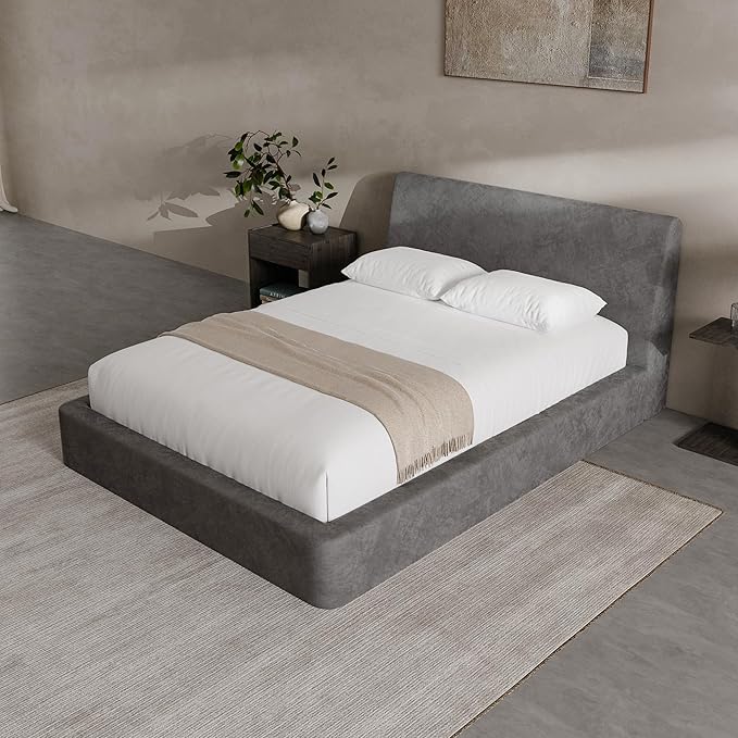 RECCI Cloud Full Size Bed Frame with Ergonomic Angled Foam Cushioned Headboard, Minimalist Design Platform Bed Frame, No Box Spring Needed, Easy Assembly (Moon Grey)