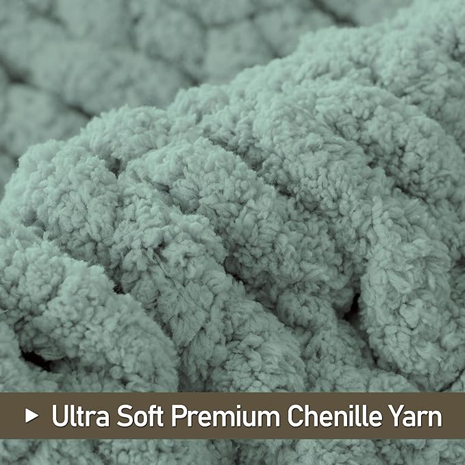 Chunky Knit Throw Blanket 60"X 80", 100% Handmade with Soft Chenille Yarn, 6.7lbs Thick Cable Knitted Blankets, Large Rope Knot Crochet Throws for Couch Sofa Bed Home Decor, Sage Green