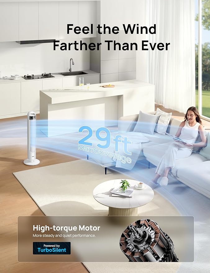DREO Tower Fan for Bedroom, 4 Speeds, 3 Modes Standing Fans for Room with 90° wide Oscillating, 28dB Quiet for Sleep, 25ft/s Velocity, 29ft Coverage, 8H Timer, Remote, Living Room, Office, Home, White