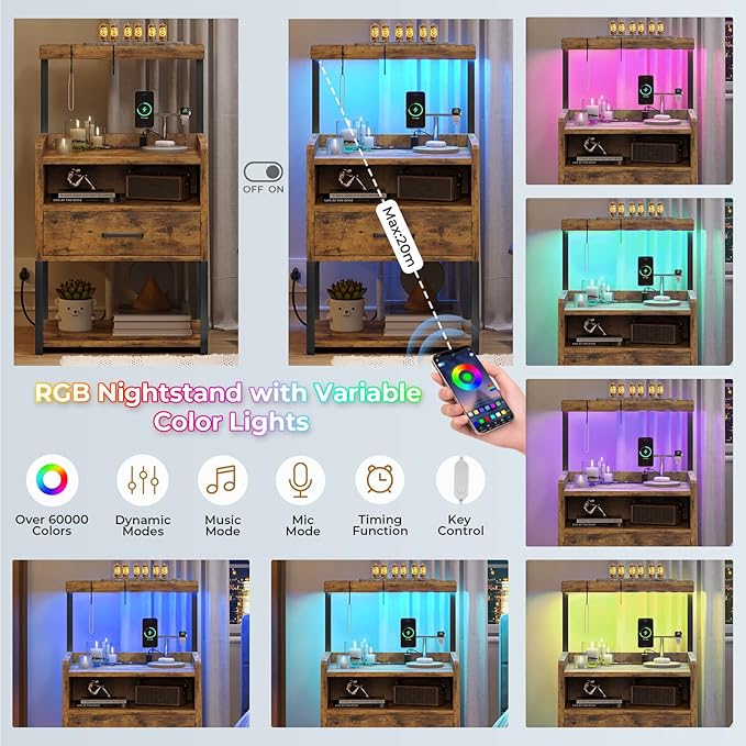 VIAGDO Rustic Brown Nightstands Set of 2 with Charging Station and LED Lights, LED Night Stand Set 2 with Drawer, Rustic End Side Table with Open Storage Shelves, Bedside Tables for Bedroom, Office