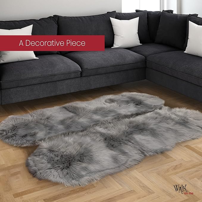 Walk on Me Silky Soft Faux Fur Area Rug, 3 ft. x 5 ft. Gray Fluffy Sheepskin for Living Room, Bedroom, Kid's Room, or Nursery, Home Decor Accent with Non-Slip Backing, Machine Washable