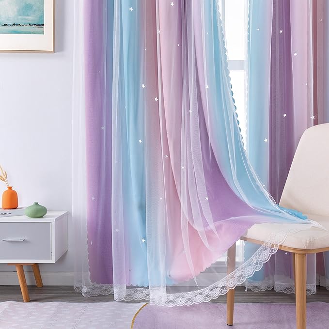 XiDi Curtains for Bedroom Decor, Rainbow Pink Purple/42/90
