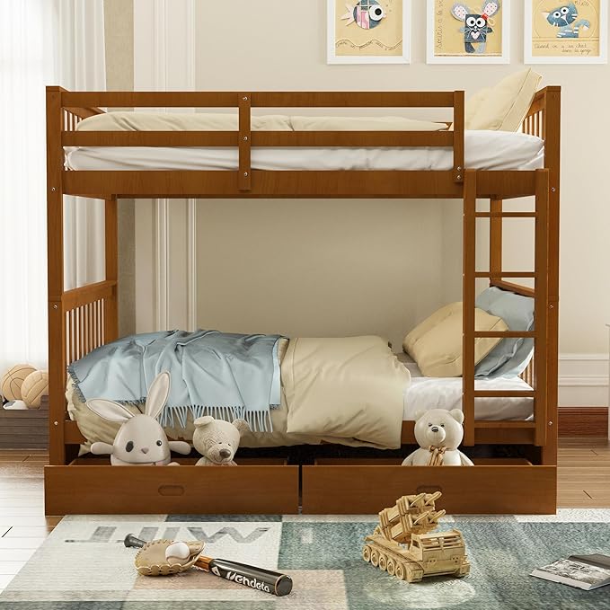 Merax Full Over Full Size Wood Bunk Bed with Drawers,Convertible Bunk Bed with Ladders and Two Storage Drawers,Solid Wood Detachable Bed Frame with Ladders, Walnut