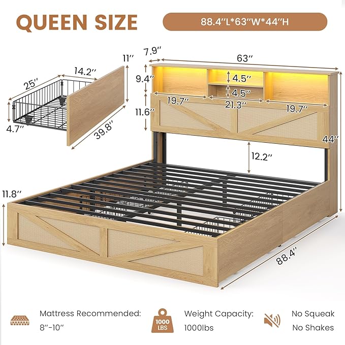 VIAGDO Rattan Bed Frame Queen Size with Bookcase Storage Headboard, Charging Station and LED Lights, Wooden Queen Bed Frame with 4 Drawers, Barn Door Design, No Box Spring Needed, No Noise, Natural