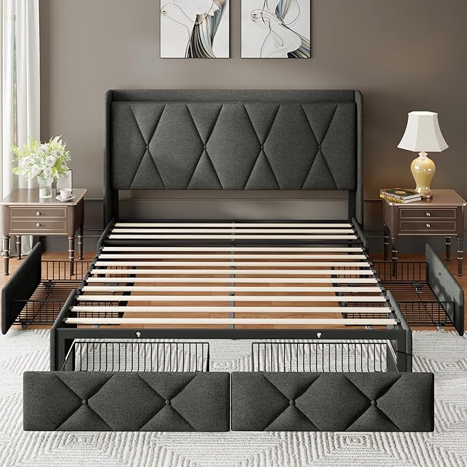 Feonase Queen Bed Frame with 4 Storage Drawers, Upholstered Button Tufted Storage Headboard with Fast Charging Station, Heavy Duty Slats Support, No Box Spring Needed, Noise-Free, Dark Grey