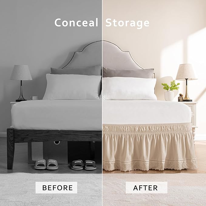 MIYE Wrap Around Ruffled Lace Bed Skirt, Elastic Dust Ruffle with Adjustable Belts, Easy to Put On, Bed Frame Cover, Machine Washable (Embroidered/Beige, King/Queen-18 Drop)