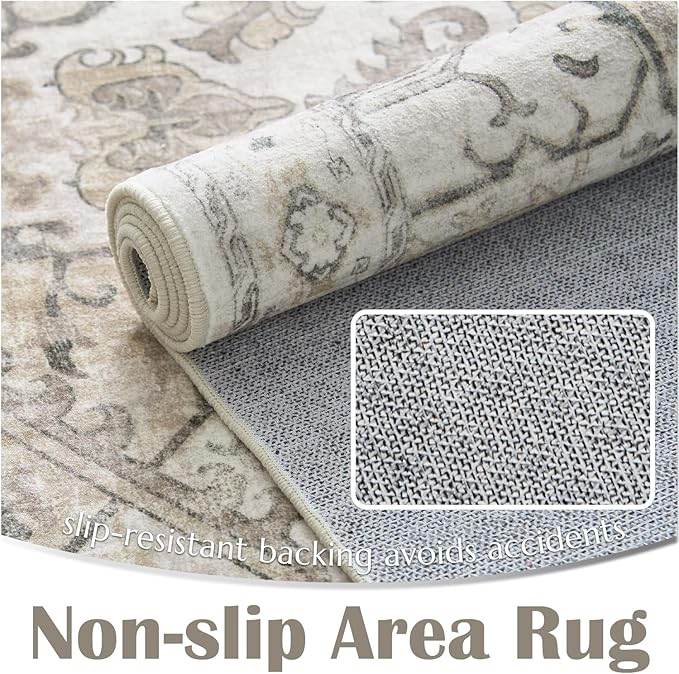 jinchan 2x3 Washable Rug for Entryway - Vintage Floral Ultra-Thin Low Pile Soft Small Non-Slip Distressed Indoor Doormat Accent Rug for Entrance Kitchen Bathroom Bedroom (2x3ft, Taupe)