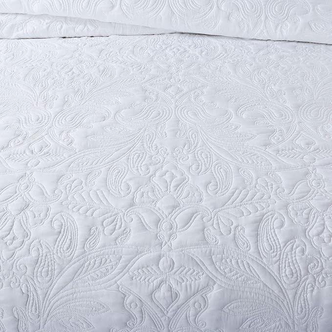 HoneiLife Oversized Queen Bedspreads 110x106- Queen Size Quilt Bedding Sets 3-Piece, Paisley Coverlets Lightweight Bedlinen Set for All Season Use-White