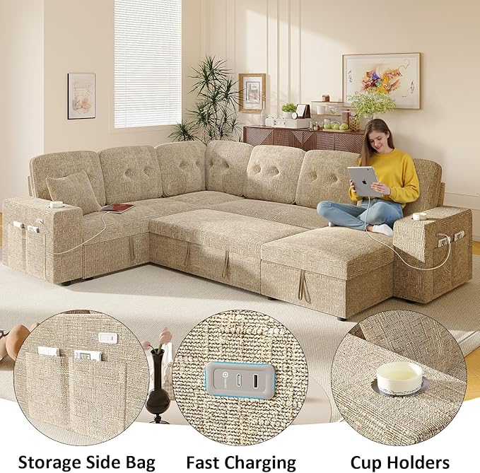 Modular Sectional Sleeper Sofa with Pull Out Bed, 108 Inch U Shaped 7 Seat Sectional Couches for Living Room, Sofa Bed with Adjustable Backrest | Hidden Storage | Wide Armrest | Khaki