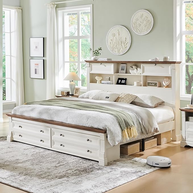Farmhouse Queen Size Bed Frame with 54" Tall Storage Bookcase Headboard, Wood Platform Bed Frame with 2 Drawers & 18" Tall Roman Column Decoration Footboard, No Box Spring Needed(Antique White)