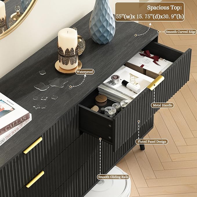 CARPETNAL Fluted 6 Drawer Dresser for Bedroom, 55" Wide Wooden Chest of Drawers with Rounded Corners, Gold Handles, Modern Storage Organizer for Bedroom, Hallway(Black)