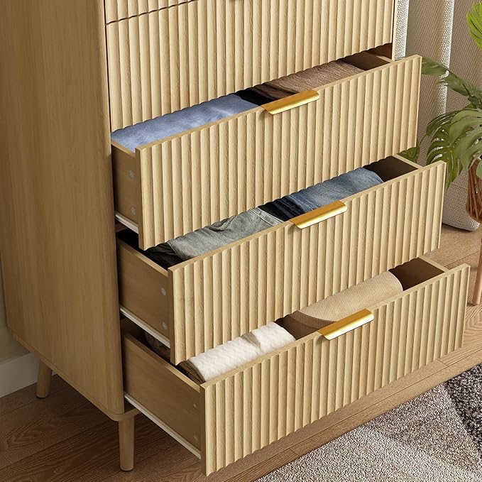 CARPETNAL Fluted 5 Drawers Dresser for Bedroom, 45" Tall Wooden Chest of Drawers with Rounded Corners, Gold Handles, Modern Storage Organizer for Bedroom, Hallway (Oak)