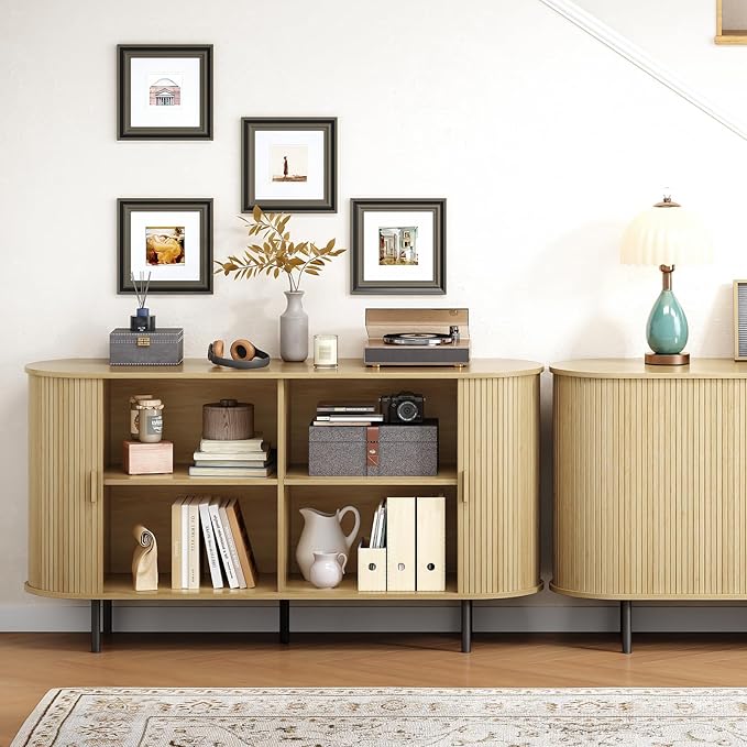 Buffet Cabinet with Storage, Fluted Sideboard Buffet with Sliding Door, Coffee Bar Cabinet with Adjustable Shelf, Console Table, Accent Table for Entryway, Kitchen (Oak, 55 Inch)