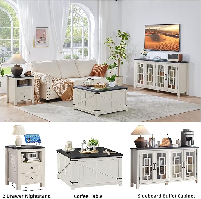 Joaxswe Nightstand with Charging Station and USB Port, Farmhouse Side End Table with 2 Drawers and Open Shelf, Wood Rustic Sofa Table, Bedside Cabinet for Bedroom, Living Room, Closet, Office (White)
