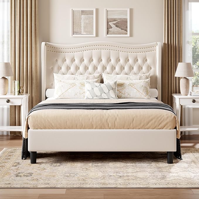 Upholstered Full Size Bed Frame with Tall Headboard, Velvet Wingback Platform Bed Frame with Deep Button Tufted, No Box Spring Needed, Noise Free, Beige