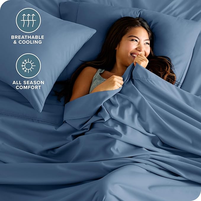 Bare Home Hotel Luxury Split King Sheet Set, Extra Soft, Deep Pockets, Easy Fit, Cooling & Breathable, Wrinkle, Fade, Stain Resistant, Includes 4 Pillowcases (Split King, Coronet Blue)
