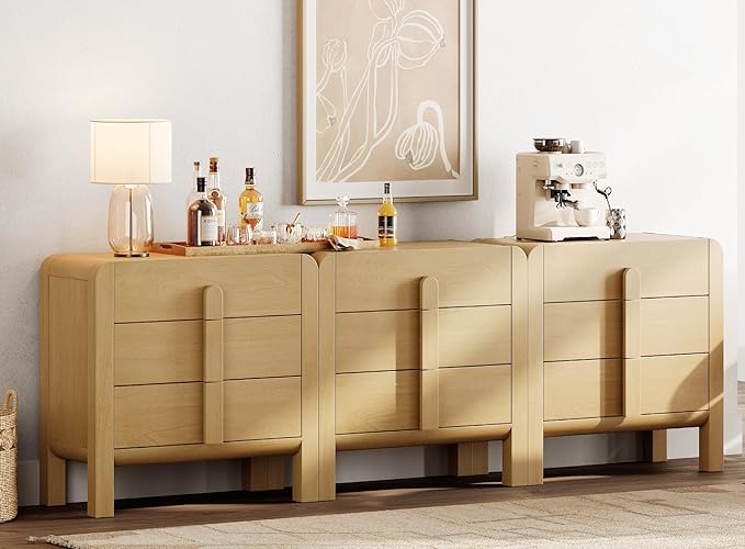 WAMPAT 3 in 1 9 Drawer Dresser for Bedroom, 94.5" Wide Mid Century Modern Wide Chest of Drawer, Wood Tall Nightstand with Curved Edge Handles, Closet Dresser TV Stand for Bedroom, Oak