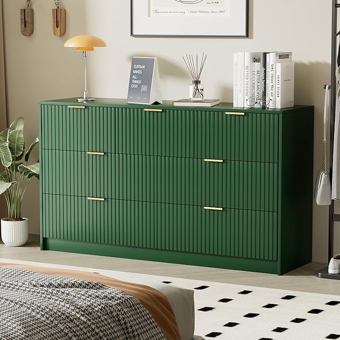 Green Dresser for Bedroom, Modern Dresser with 7 Drawers and Smooth Slides, Wide Chest of Drawers with Golden Handles for Bedroom, Living Room, Closet, 15.7" D x 55.1" W x 31.4" H