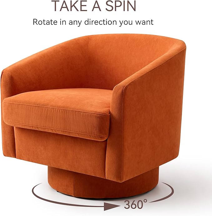 Swivel Barrel Accent Chair, Round Chenille Fabric Living Room Arm Chairs, Modern Upholstered Comfty Reading Nook Chairs for Bedroom, Small Club Armchair, Single Sofa Side Chair, Orange
