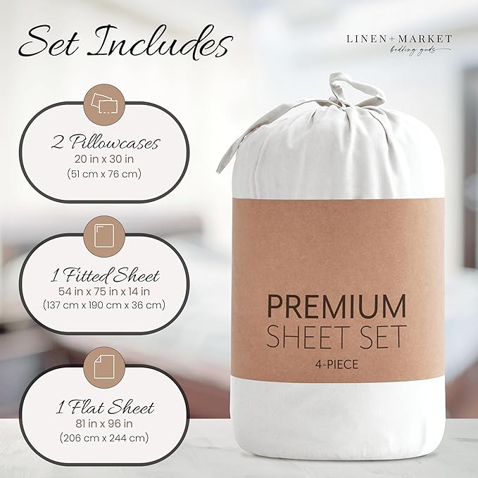 Linen Market Brushed Microfiber Full Sheet Set 4 Piece – Oeko-TEX Certified Ultra Soft & Wrinkle-Free - 16" Deep Pocket Sheets - Easy Care Full Size - White