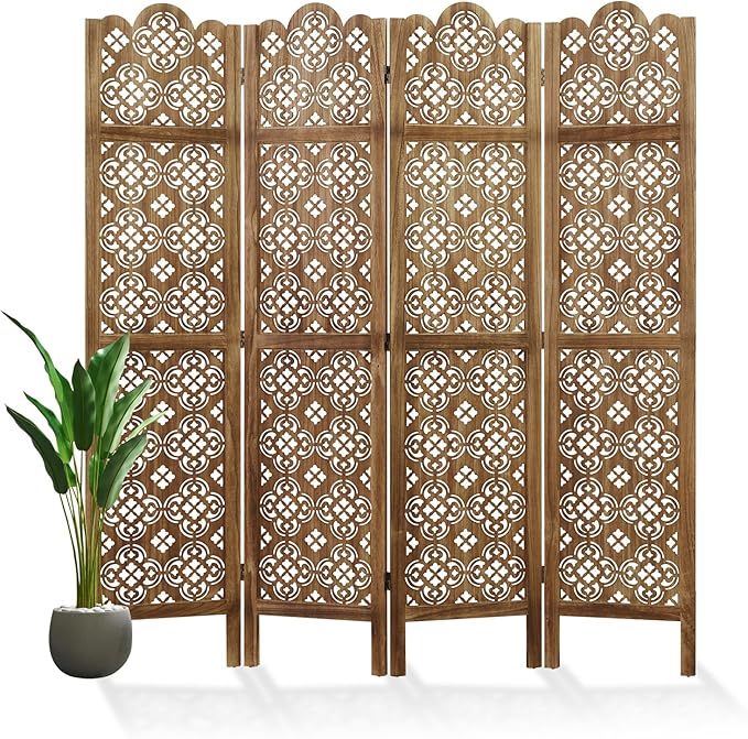 68.9Inch Folding Room Divider, 4 Panels Wood Carved Privacy Screens - Ideal Decorative Partition for Home, Office, Restaurant, Bedroom (Dark Brown)
