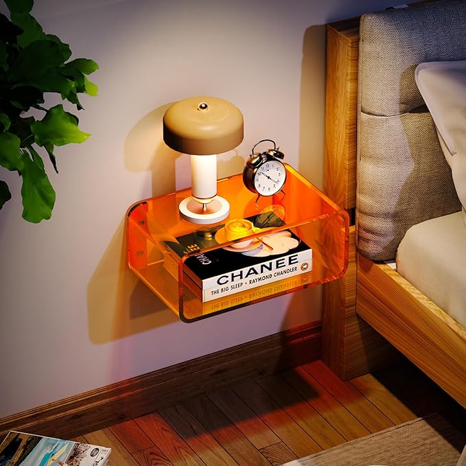 Acrylic Floating Nightstand, Bedside Table, Nightstand Shelf Wall Mounted Bedside Shelf (Orange, Small)