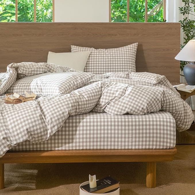 MooMee Gingham Duvet Cover Set 100% Washed Cotton Linen Like Textured Breathable Durable Soft Comfy Modern Checkered Design (Tannish Linen Grey Gingham, Super Queen 90"x98")