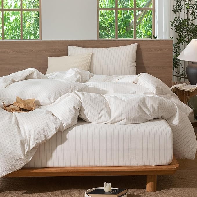MooMee Striped Duvet Cover Set 100% Washed Cotton Linen Like Textured Breathable Durable Soft Comfy (White Almond Milk Grey Wide Stripes, Cal King 104"x98")