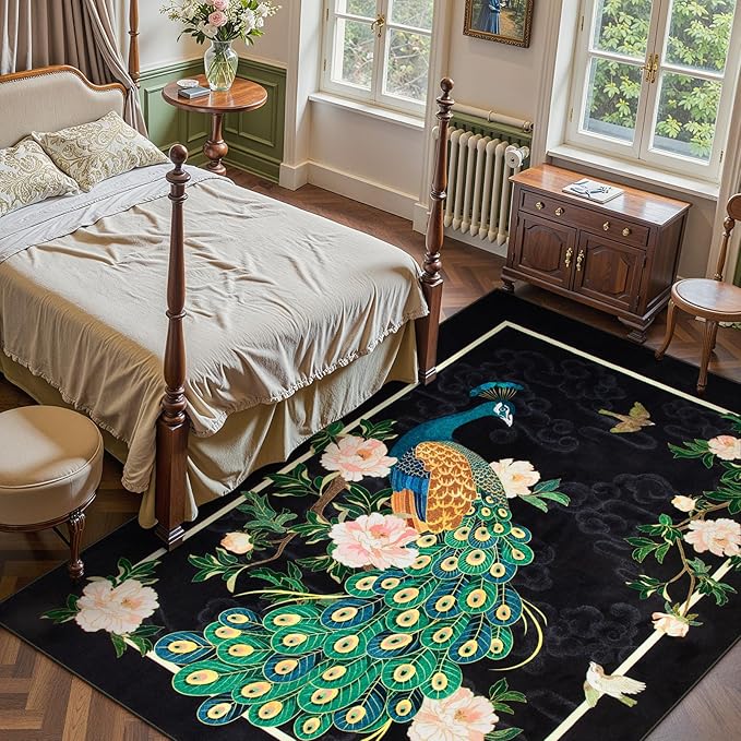 Lahome Peacock Washable Rugs 5x7, Soft Black Rug for Living Room Bedroom, Floral Vintage Non-Slip Low Pile Stain Resistance Carpet for Farmhouse Dining Room Office, Black