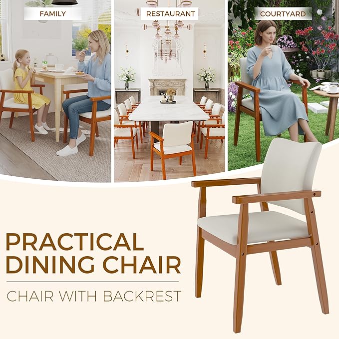 thksbought Set of 2 Mid Century Modern Walnut Dining Chairs Wood Arm Beige Fabric Kitchen Cafe Living Room Decor Furniture