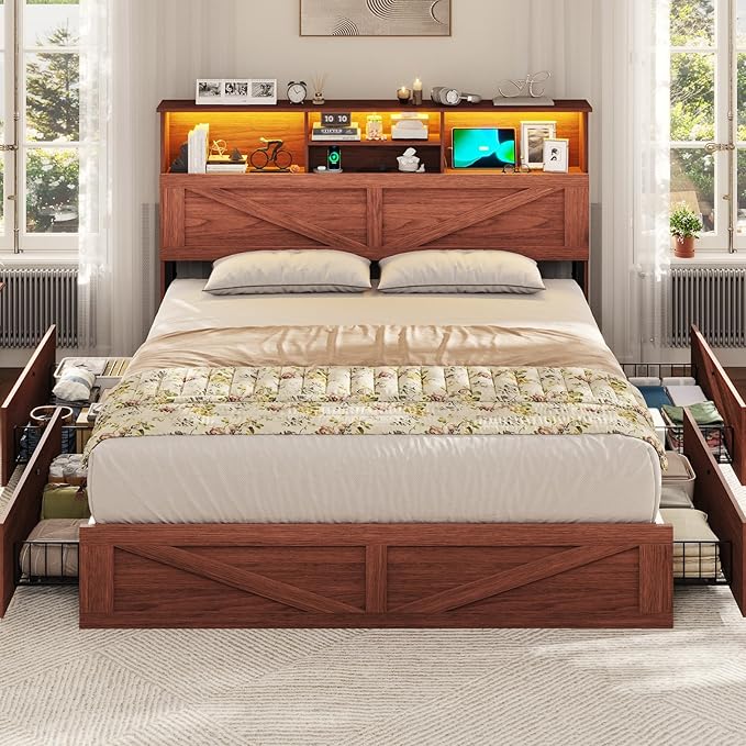 VIAGDO Farmhouse Bed Frame Queen Size with Bookcase Storage Headboard, Charging Station and LED Lights, Wooden Queen Bed Frame with 4 Drawers, Barn Door Design, No Box Spring Needed, Reddish Brown