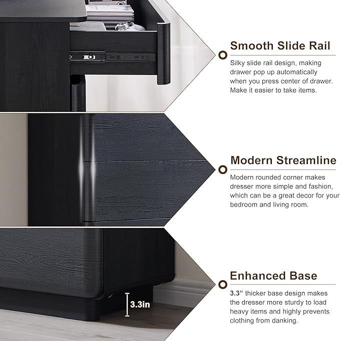 ACCOHOHO Modern 6 Drawer Dresser for Bedroom, 52" Wide Wooden Dressers with Large Storage,Handleless Chest of Drawers TV Stand for Living Room & Hallway, Curved Profile Design, Black
