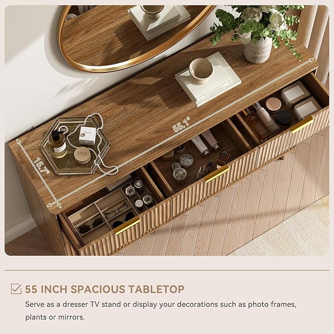 CARPETNAL Fluted 9 Drawer Dresser for Bedroom, 55" Wide Wooden Chest of Drawers with Rounded Corners, Gold Handles, Modern Storage Organizer for Bedroom, Hallway(Walnut)