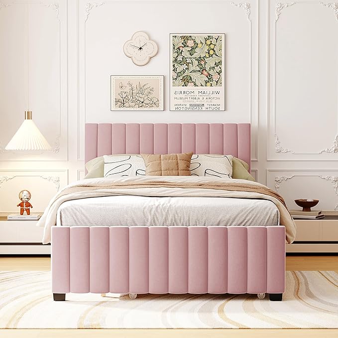 Full Bed Frame with Trundle Bed,Velvet Upholstered Platform Bed Frame,Full Size Trundle Bed with Headboard for Kids Teens Adults(Pink)