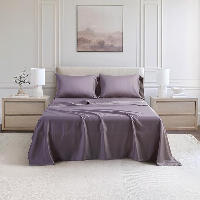 King Sheets, Rayon Derived from Bamboo, Cooling Bed Sheets Set,Deep Pocket Up to 16", 4 Pieces Silky Soft, Breathable Bedding Sheets & Pillowcases(Dusty Purple,King)