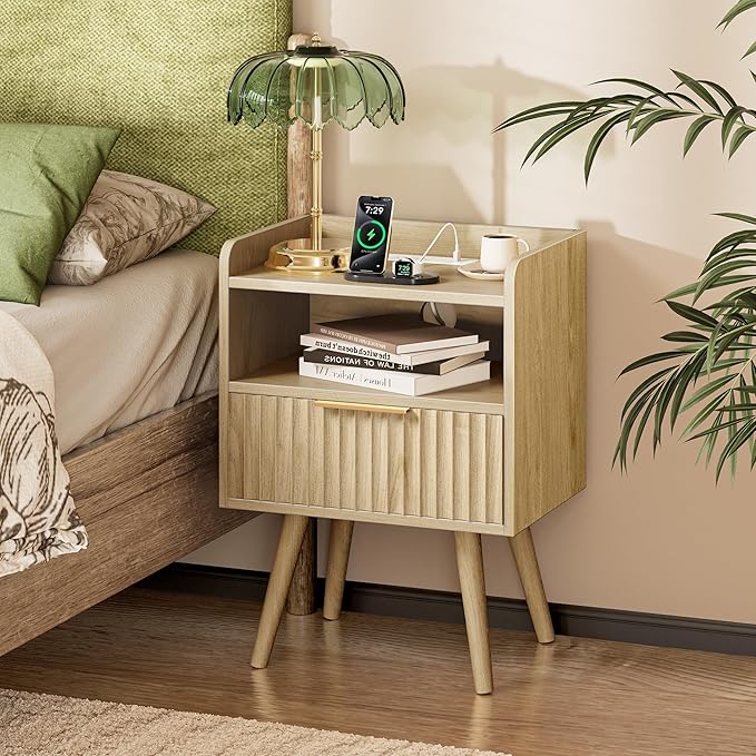 Huuger Nightstand with Charging Station, USB-C Port, Fluted Night Stand Set of 2, Bed Side Table with Drawer, Solid Wood Feet, Open Storage, End Table with Raised Edge, for Bedroom, Natural