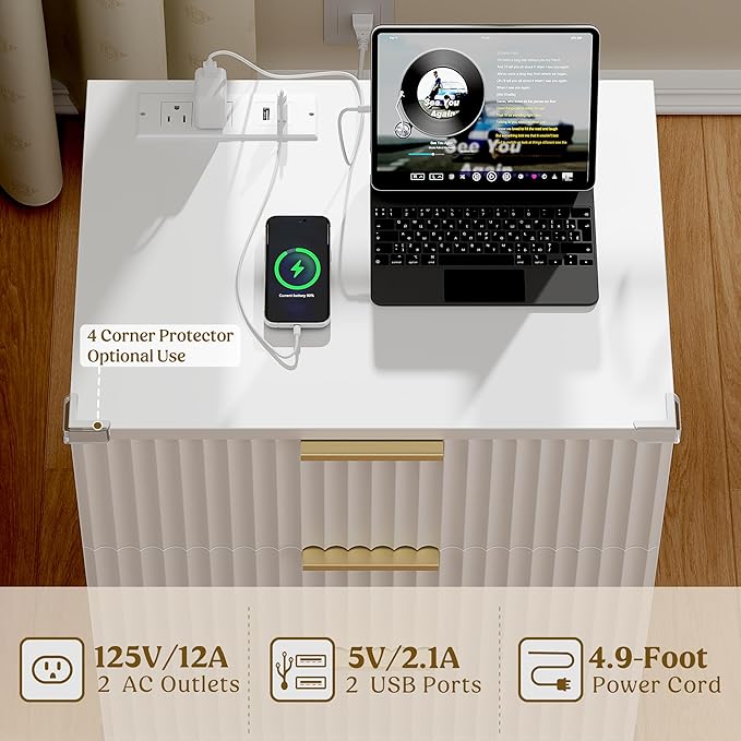 Lulive Wood 3 Drawers Dresser Fluted Night Stand with Charging Station, White Storage Nightstand Modern Side Table, Bedside Table for Bedroom, Entryway White
