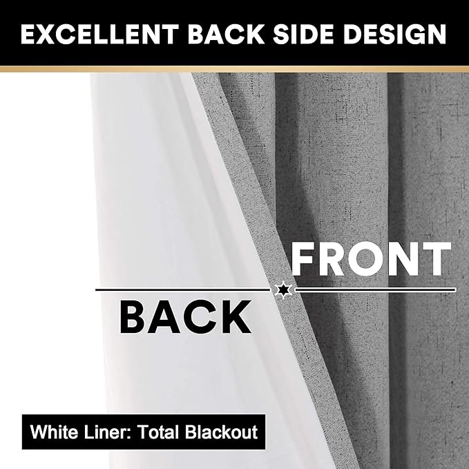 PrinceDeco Light Grey Linen Blackout Curtains for Bedroom 108 Inches Long Thermal Insulated Textured Blackout Curtains 2 Panels Set Extra Long Curtains for Living Room Total Room Darkening Curtains