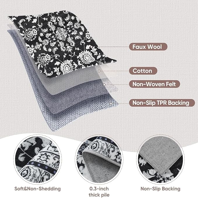 2x6 Runner Rugs for Hallways: Washable Kitchen Rugs Ultra Soft Vintage Carpet Low Pile Floral Runner with Rubber Backing Non Slip for Bedroom Bathroom Laundry Living Room Dining Black White