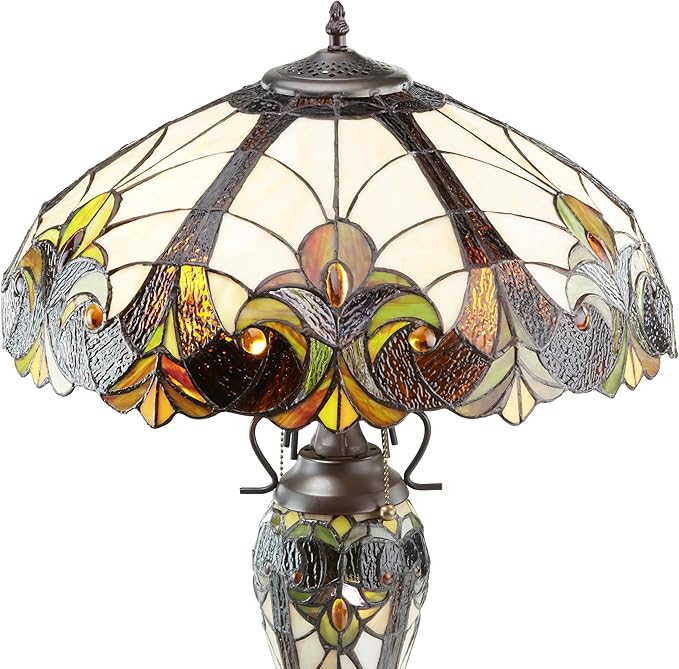 RIVER OF GOODS - Stained Glass Halston Double Lit Table Lamp - 24.5" H - Decorative Lamp for Bedroom - Bedside Lamp - Desk Lamps for Home Office - Tiffany Style - Amber