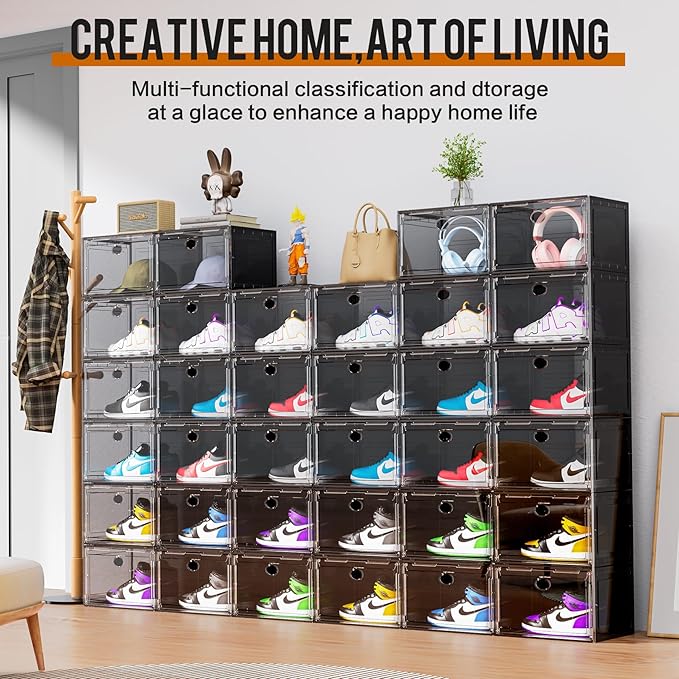KEFA XL Shoe Storage Box Organizer, 9 Pack Shoe Boxes Clear Plastic Stackable, Sneaker Display Case Container Fit for US 13 (Side 9 PACK Grey)