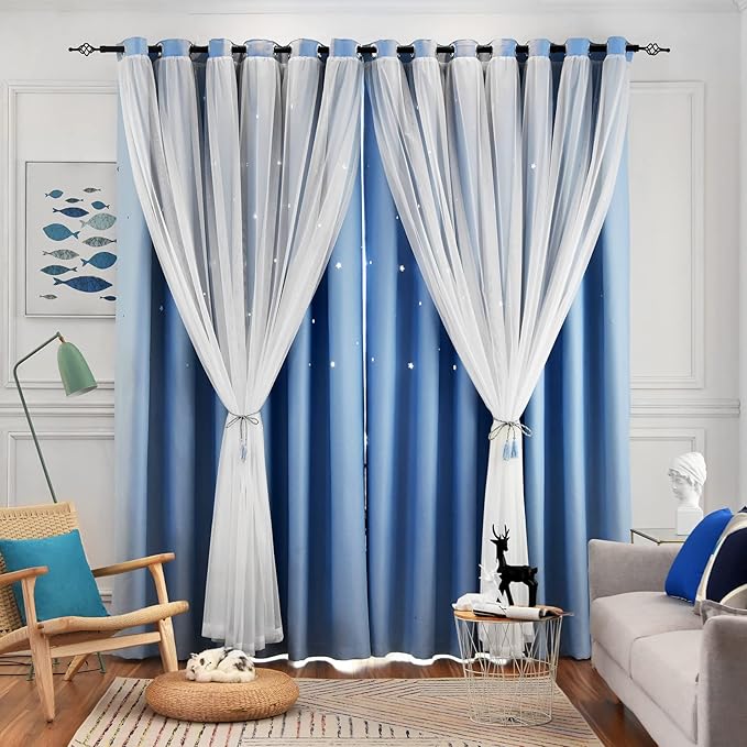Star Blackout Curtains Double Layer Curtains Blackout Curtains for Bedroom Girls Kids Room Curtains Cute Colorful Window Nursery Curtain, 84 Inches Long, 2 Panels Set, Blue, 42 X 84 Inches