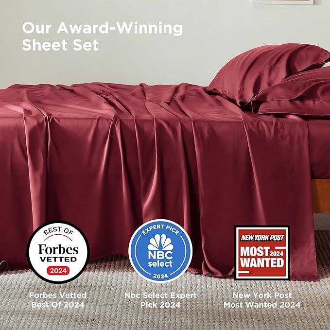 Bedsure King Size Sheets Set, Cooling Sheets for Hot Sleepers, Rayon Derived from Bamboo, Breathable & Soft, Deep Pocket Up to 16 Inches, Hotel Luxury Silky Bedding, Burgundy