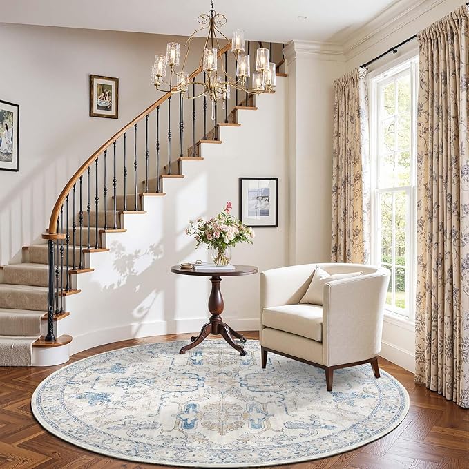 jinchan Round Rug 6ft Area Rug Vintage Floor Mat Kitchen Indoor Ultra-Thin Soft Floral Print Washable Circle 6' Accent for Farmhouse Non Slip Dining Room Living Room Bedroom Office Blue