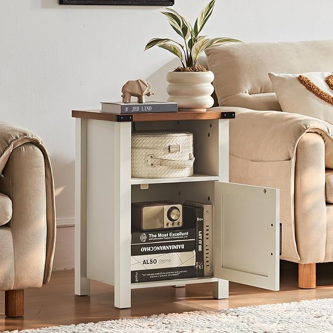 Joaxswe Nightstand with Charger Station and USB Port, 18 Inch Farmhouse Night Stand with Storage Shelf, Modern Couch Side Table with Magnetic Door, Bedside Tables for Bedroom, Home, Antique White
