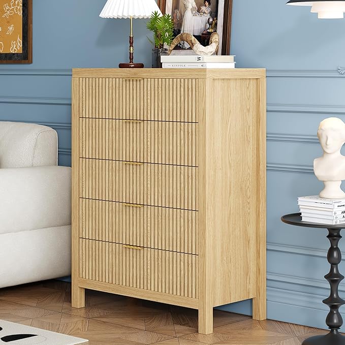 43" 5 Tall Drawer Dresser Organizer TV Drawer Cabinet Modern Wood Storage Cabinet, Modern Wood Storage Cabinet for Bedroom, Hallway, Entryway, Natural Oak