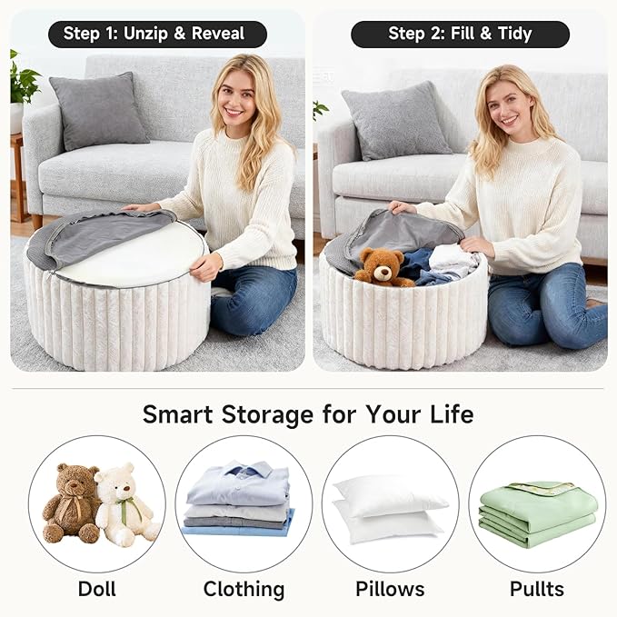 Tiita Floral Pouf Ottoman, Foot Stools Ottoman with Foam Chunk Filling, Puff Foot Rest for Couch, Living Room, Kids Room, Grey