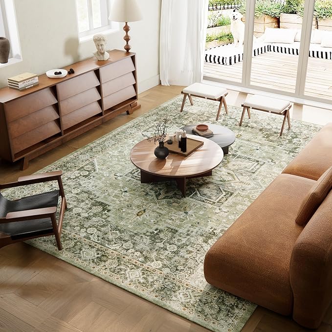 8×10 Machine Washable Rug for Living Room, Boho Vintage 8×10 Area Rug，Distressed Accent Low Pile Ultra Soft Large Carpet for Bedroom Bathroom Dining Room, Floral/Green