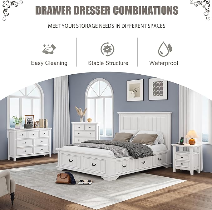 Tall Dresser for Bedroom, White 6 Drawers Dresser, Farmhouse Dresser for Bedroom，Storage Drawers Cabinet for Living Room, Home Office